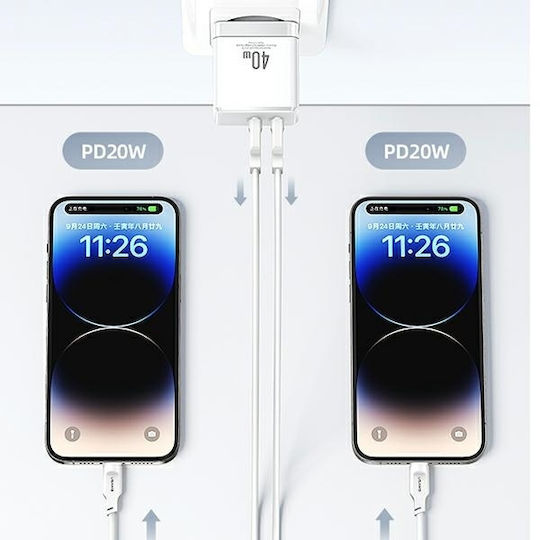 Usams GaN Wireless Charger with 2 USB-C Output Ports 40W Power Delivery White