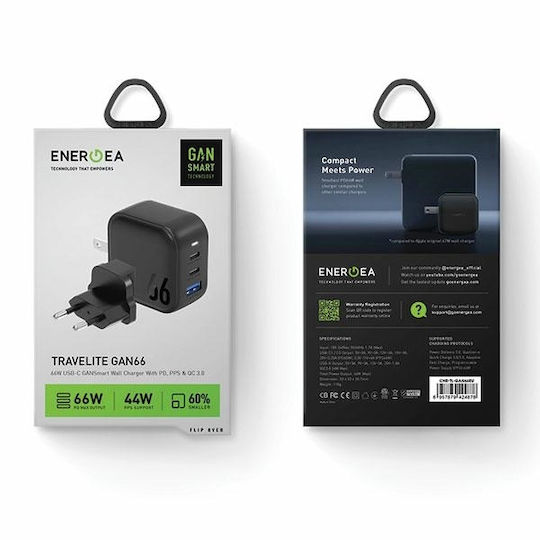 Energea Φορτιστής Χωρίς Καλώδιο GaN με Θύρα USB-A και 2 Θύρες USB-C 66W Power Delivery / Quick Charge 3.0 Μαύρος (GAN66)