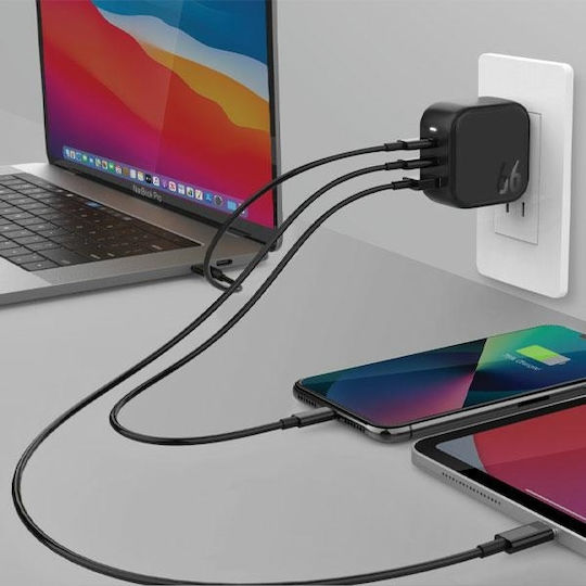 Energea Φορτιστής Χωρίς Καλώδιο GaN με Θύρα USB-A και 2 Θύρες USB-C 66W Power Delivery / Quick Charge 3.0 Μαύρος (GAN66)