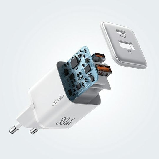 Usams Charger Without Cable with USB-A Port and USB-C Port 30W Power Delivery Blacks (CC189)
