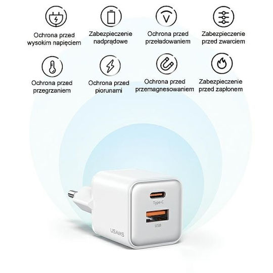 Usams Încărcător Fără Cablu cu Port USB-A și Port USB-C 30W Livrarea energiei Violet (CC189)