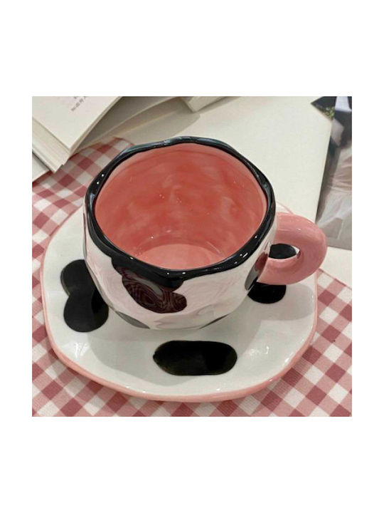 Disoza - Coffee mug set with saucer | Cute black cow pattern cup with pink details for women | Tea & coffee mug with saucer 250 ml | Ceramic mug for gift