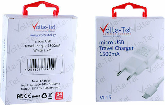 Volte-Tel Ladegerät mit integriertem Kabel Micro-USB Weißs (VL15)