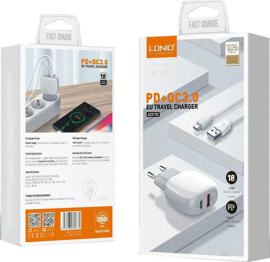 Ldnio Φορτιστής με Θύρα USB-A και Θύρα USB-C και Καλώδιο Lightning 18W Power Delivery / Quick Charge 3.0 Λευκός (A2313C)