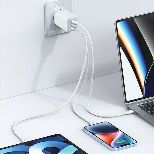 Usams Ladegerät ohne Kabel GaN mit USB-A Anschluss und 2 USB-C Anschlüsse 65W Stromlieferung Schwarzs (US-CC180)