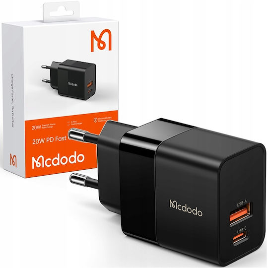 Mcdodo Charger Without Cable with USB-A Port and USB-C Port 20W Power Delivery / Quick Charge 2.0 Blacks (CH-1951)