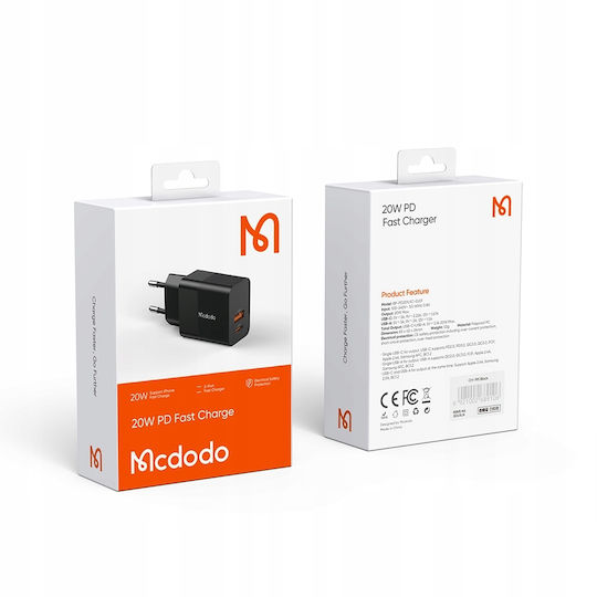 Mcdodo Charger Without Cable with USB-A Port and USB-C Port 20W Power Delivery / Quick Charge 2.0 Blacks (CH-1951)