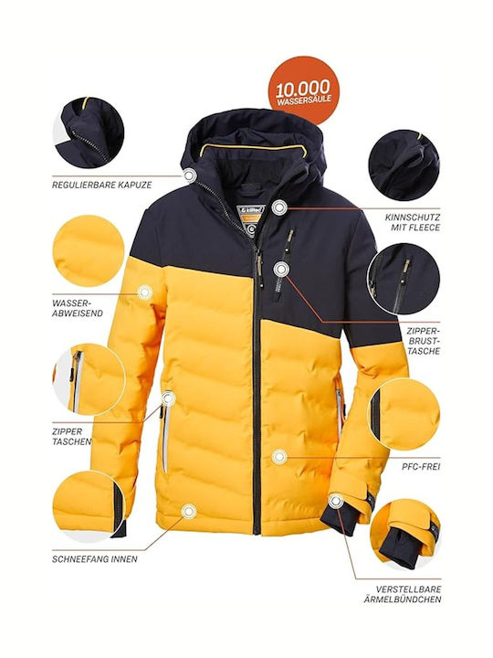 Waterproof Kids Quilted Short Jacket with Lining & Hood Blue/Yellow