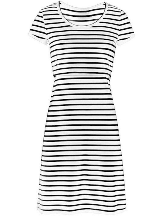 Women's striped short-sleeved nursing dress (black and white) (polyester)