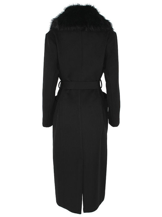 Forel Women's Long Coat with Belt and Fur black