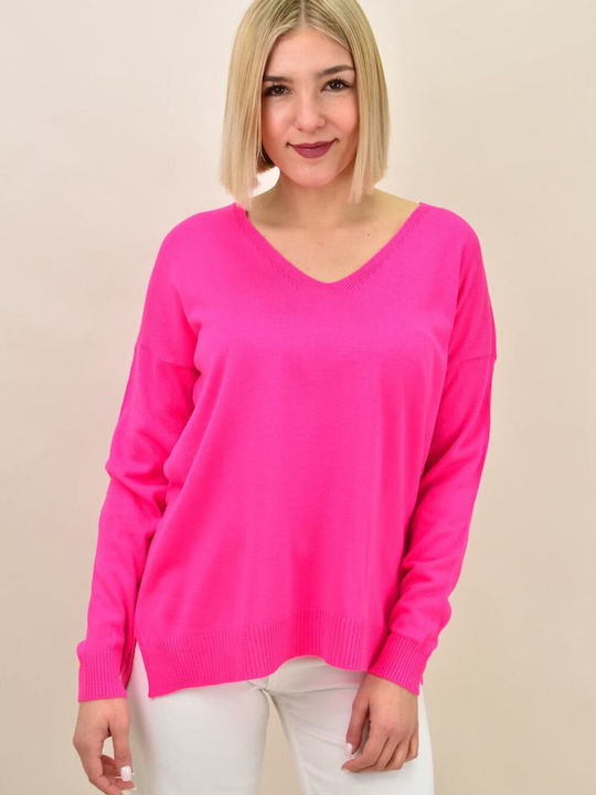 Potre Women's Long Sleeve Pullover Wool with V Neck Fuchsia