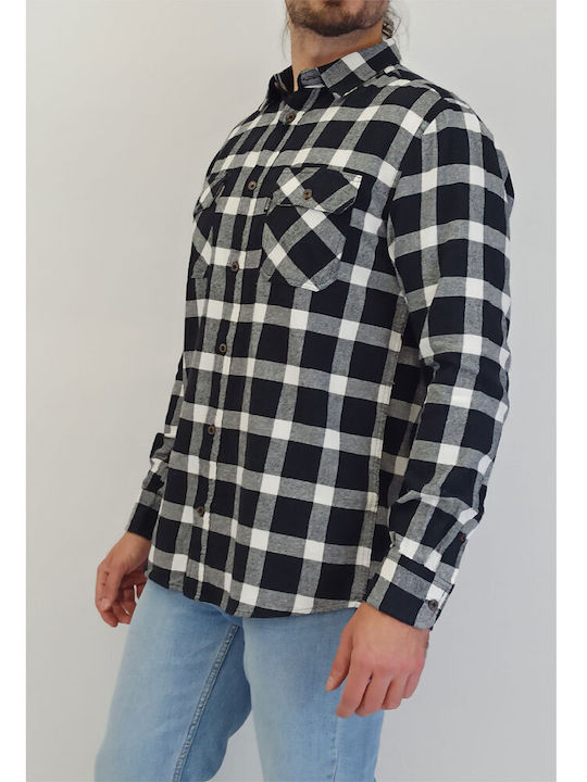 Double Men's Shirt Long Sleeve Flannel Checked black white