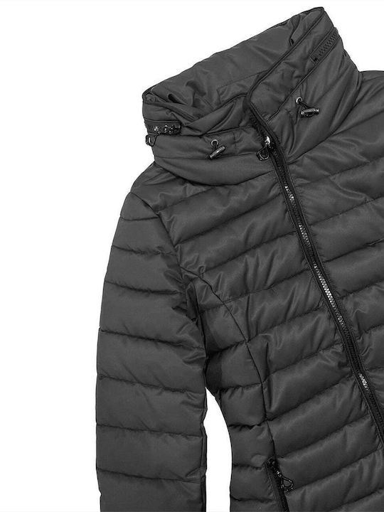 Women's Short Puffer Jacket for Winter with Hood Black