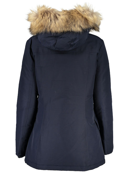 Woolrich Women's Long Lifestyle Jacket for Winter with Hood Blue.