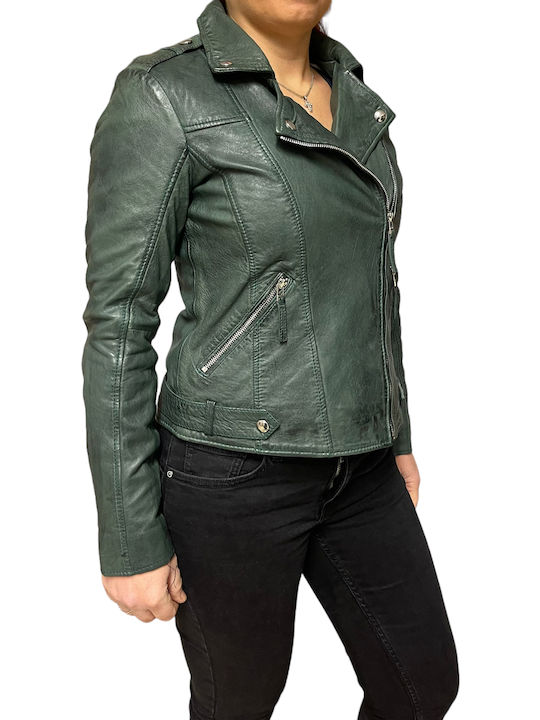 Women's Short Biker Leather Jacket for Spring or Autumn Green