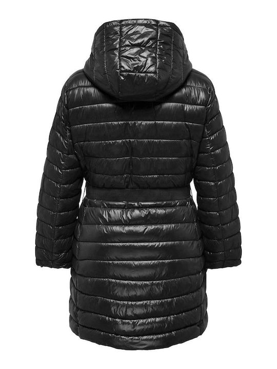 Only Women's Long Puffer Jacket for Winter with Hood BLACK