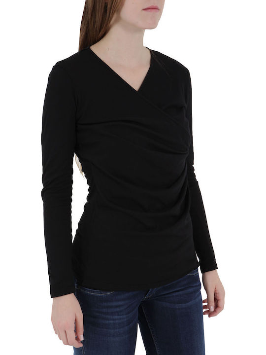 Women's Blouse Cotton Long Sleeve Drape Croisette - BLACK