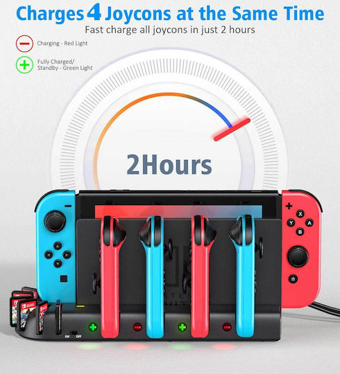 KDD 001 Βάση για 4 χειριστήρια Switch / Switch OLED Σταθμός φόρτισης χειριστηρίου | 8 θήκες αποθήκευσης παιχνιδιών Μαύρη 1000-42070154