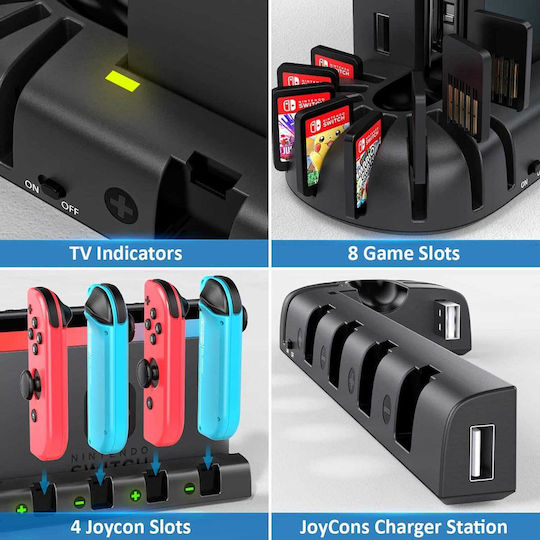 KDD 001 Βάση για 4 χειριστήρια Switch / Switch OLED Σταθμός φόρτισης χειριστηρίου | 8 θήκες αποθήκευσης παιχνιδιών Μαύρη 1000-42070154
