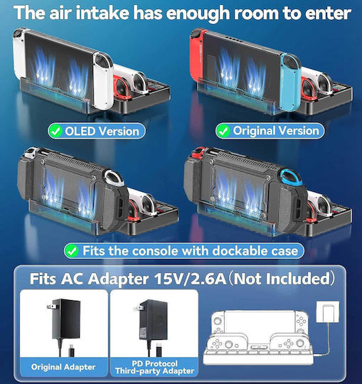 Tokluck SW804 Зарядна станция за 4 контролера Превключвател / Превключвател OLED Стойка за зареждане на базова станция със зарядно устройство за контролера Switch и 10 слота за игри Син