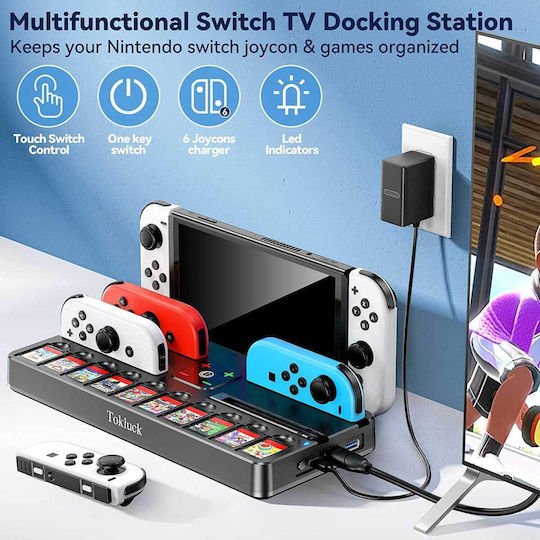 Tokluck SW804 Зарядна станция за 4 контролера Превключвател / Превключвател OLED Стойка за зареждане на базова станция със зарядно устройство за контролера Switch и 10 слота за игри Син