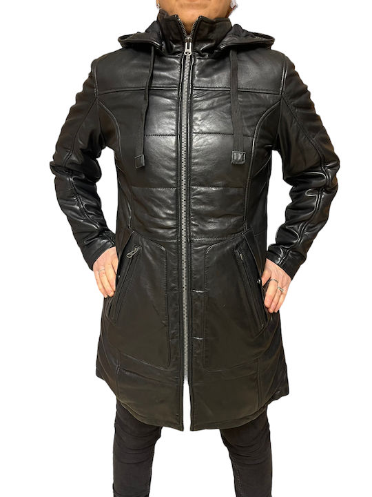 MARKOS LEATHER Women's Long Lifestyle Leather Jacket for Winter with Hood BLACK