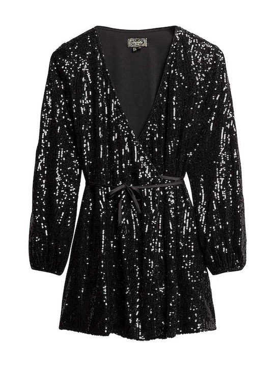 Mini Evening Satin Dress with Wrap Black & White