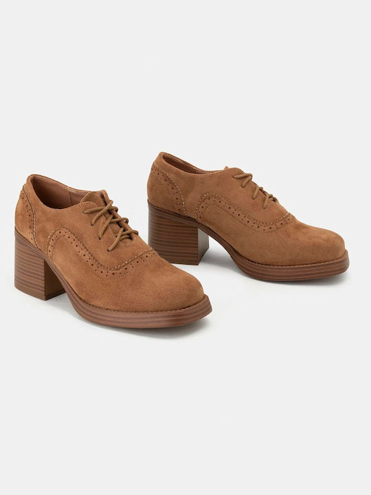 Bozikis Suede Γυναικεία Μποτάκια Oxfords με Μεσαίο Τακούνι Καφέ