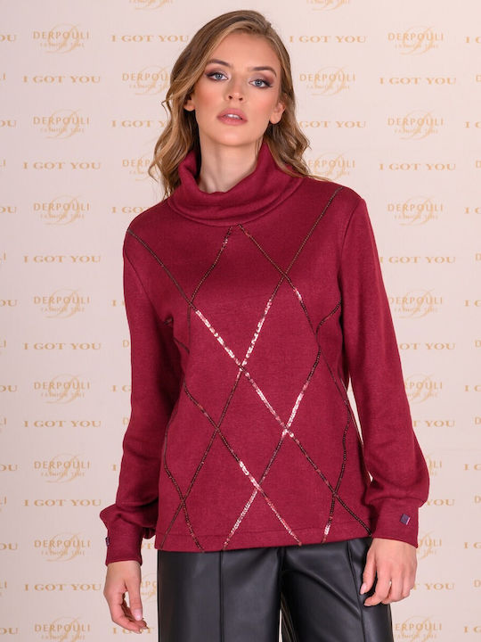 Derpouli Damen Langarm Pullover Bordeaux