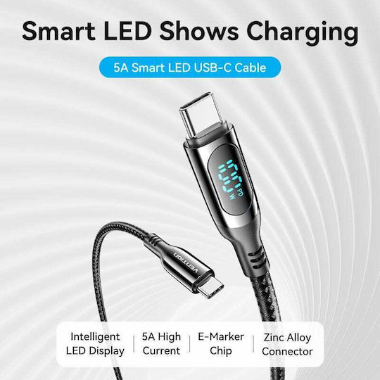 Vention LED USB 2.0 Cable USB-C Male - USB-C 100W PD Black 1.2m