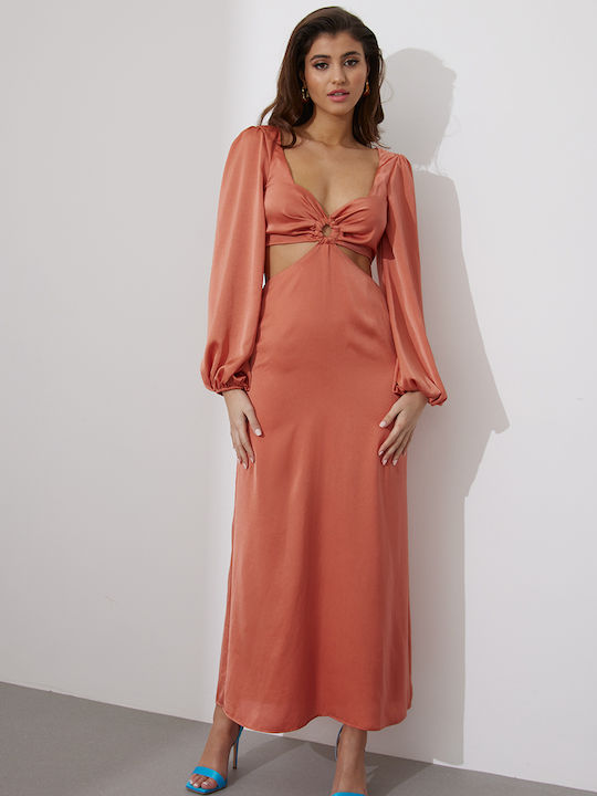 Maxi Βραδινό Φόρεμα με Σκίσιμο Terracotta