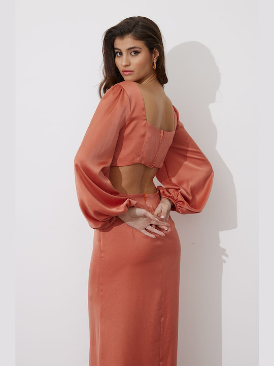 Maxi Βραδινό Φόρεμα με Σκίσιμο Terracotta