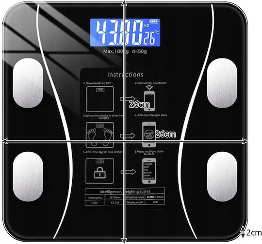 Ruhhy Smart Badezimmerwaage mit Körperfettmessung & Bluetooth in Schwarz Farbe 22525