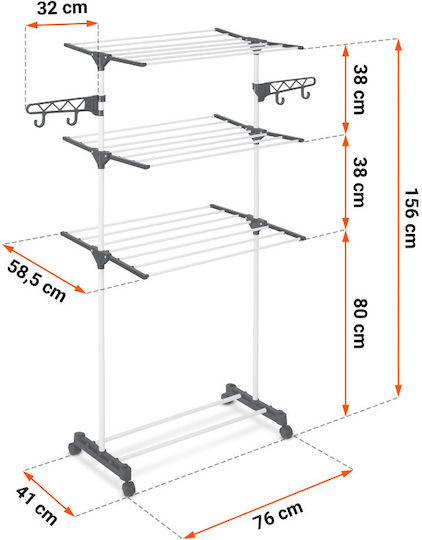 Massido Folding Floor Clothes Drying Rack Metallic with Wheels with Hanging Length 15m