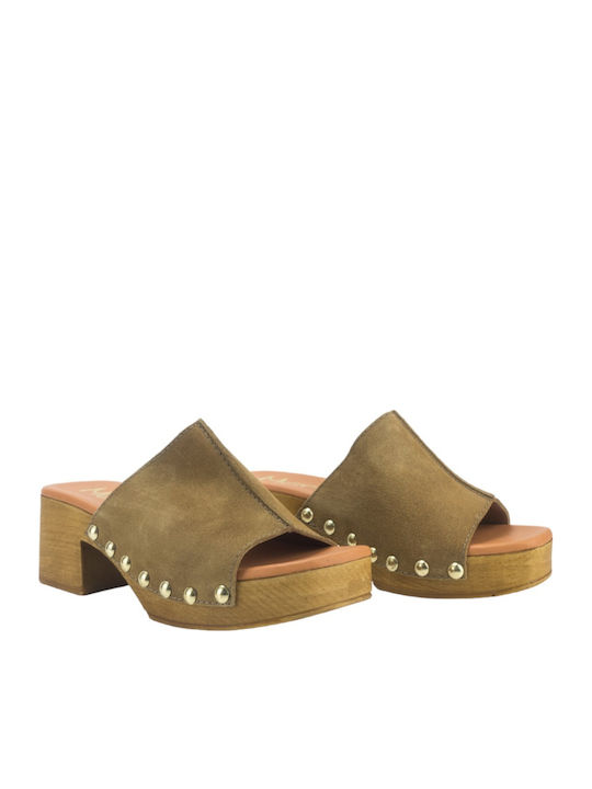 Mules with Chunky High Heel in Khaki Color