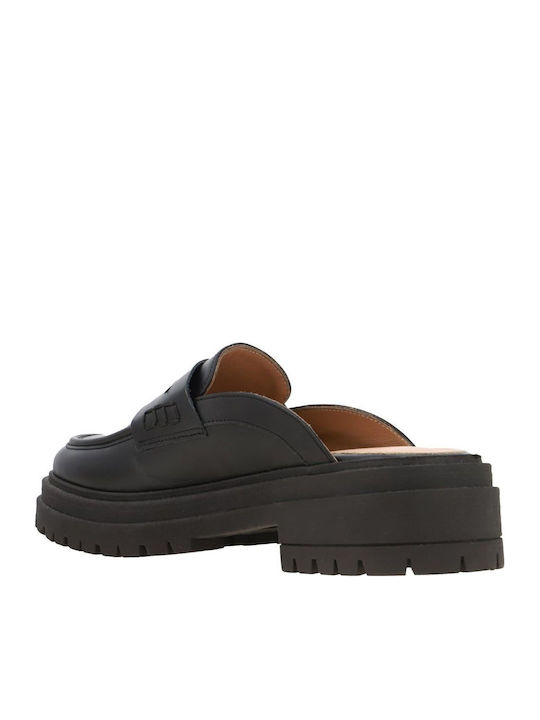 Leather Mules with Chunky Low Heel in Black Color