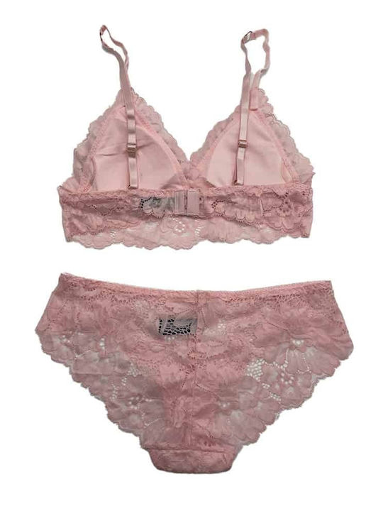 Heat Underwear Lace Underwear Set with Bra & Slip Pink