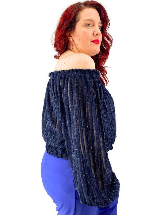 Plus Size Γυναικεία Μπλούζα Off-Shoulder Μακρυμάνικη Μπλε