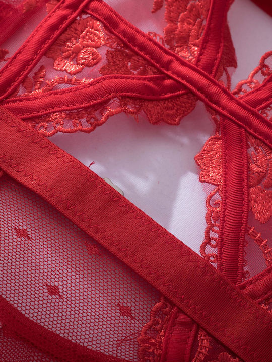 La Lolita Amsterdam Sexy Κορμάκι με Διαφάνεια & Δαντέλα & Ζαρτιέρες Κόκκινο
