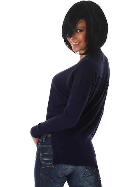 LX Fashion Women's Long Sleeve Sweater Woolen with V Neckline Blue Navy