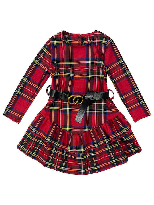 Ustyle Kids Dress Checked Long Sleeve red