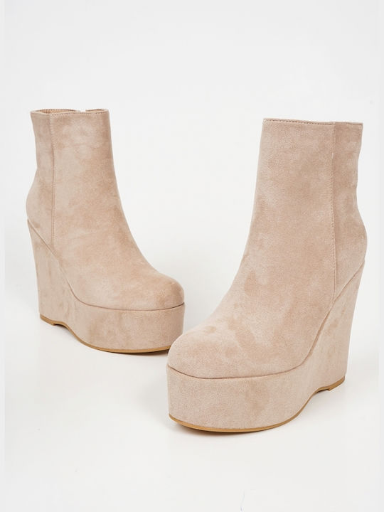 Piazza Shoes Suede Women's Ankle Boots Platform Beige