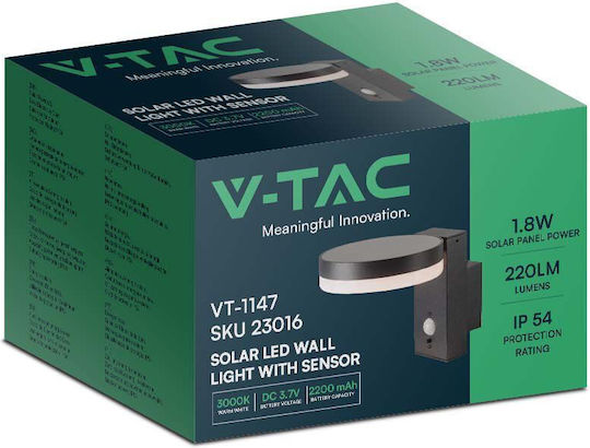 V-TAC Wall Mounted Solar Light 1.8W 220lm Warm White 3000K with Motion Sensor IP54 22.9cmx15.5cmx15.5cmcm