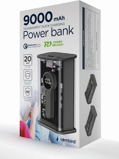 Gembird Power Bank 9000mAh 18W με Θύρα USB-A και Θύρα USB-C Quick Charge 3.0 Διάφανο