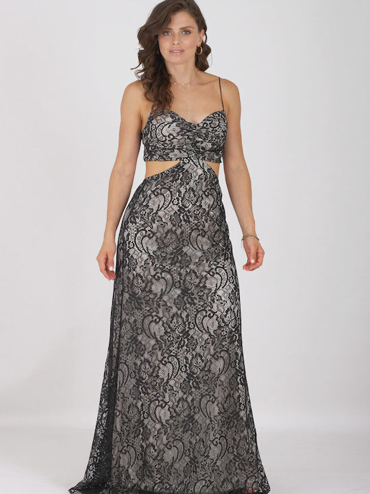 On Line Maxi Evening Dress with Lace Black