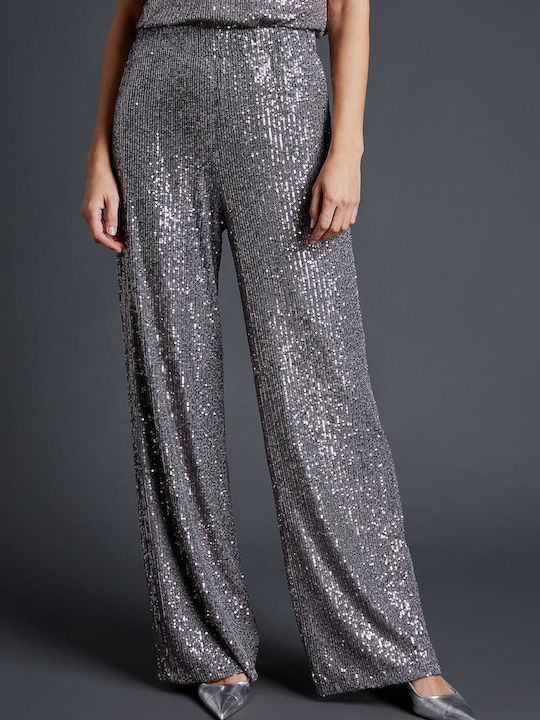 Women's Fabric Trousers with Elastic Gray with Sequins