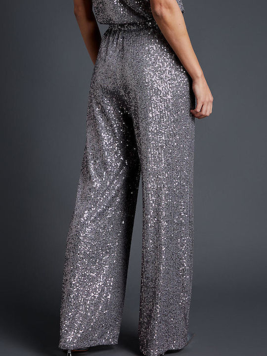 Women's Fabric Trousers with Elastic Gray with Sequins