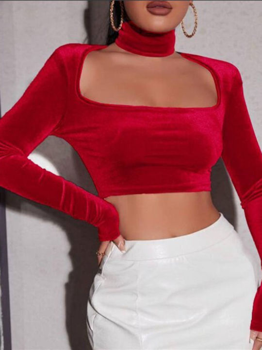 Chica Women's Blouse Velvet Long Sleeve Red