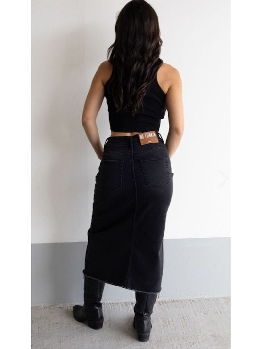 No Thinkin Denim Midi Skirt Polka Dot in Black color