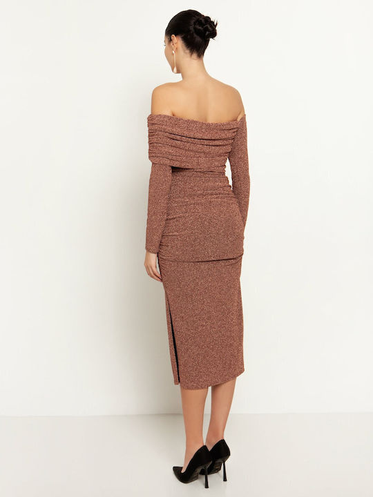 Rochie Midi De Seara Drapată Cu Deschizătură Roz